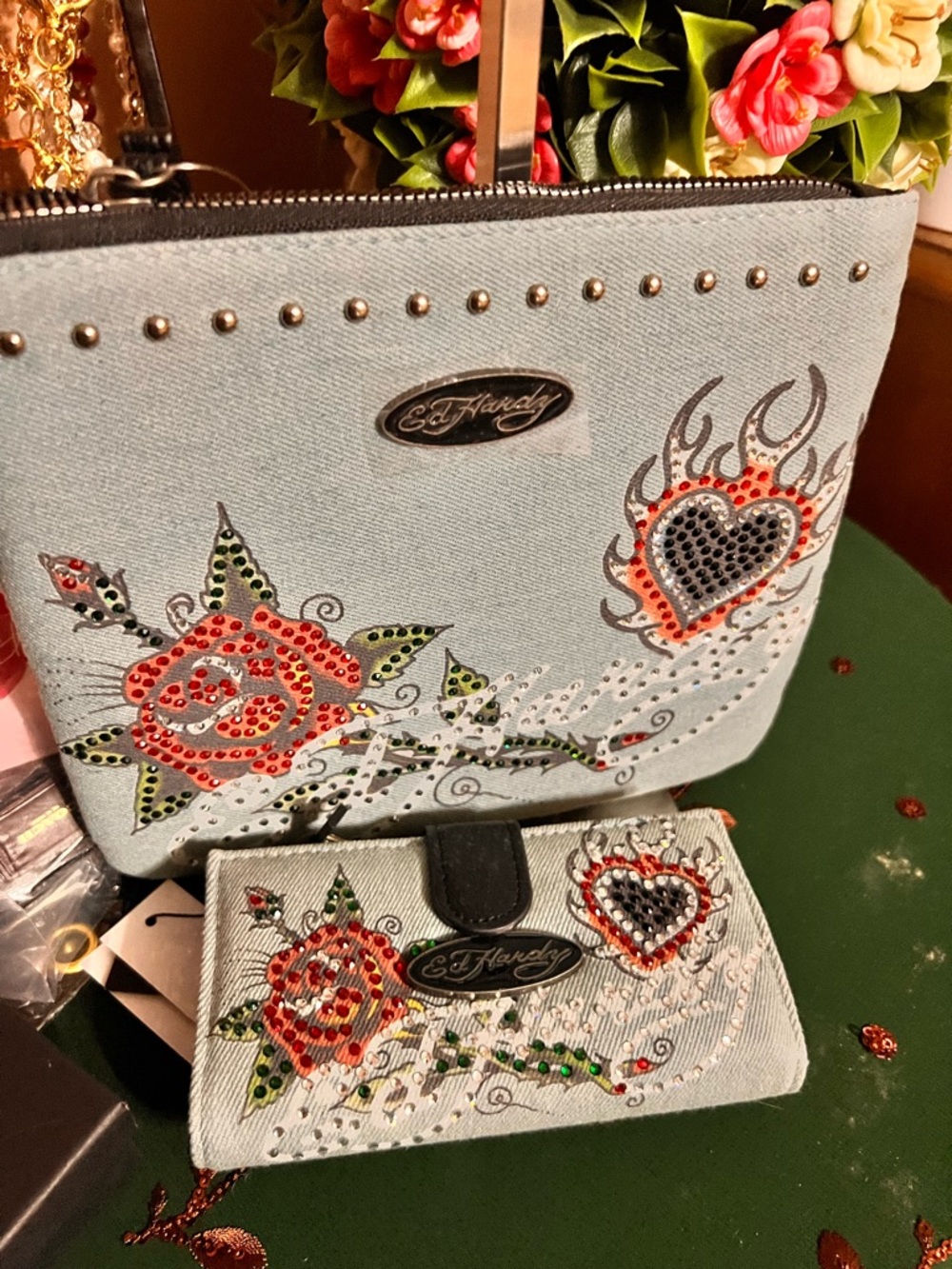 Ed Hardy Y2K Light Blue Studded Rose & Heart Crossbody Bag with Matching Wallet